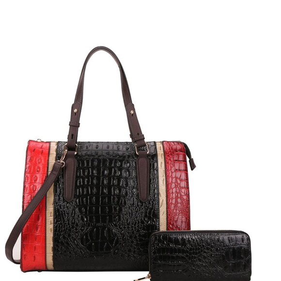 American Bee Handbags - 2-IN-1 Multicolor Alligator Crocodile Large Satchel Set With Wallet